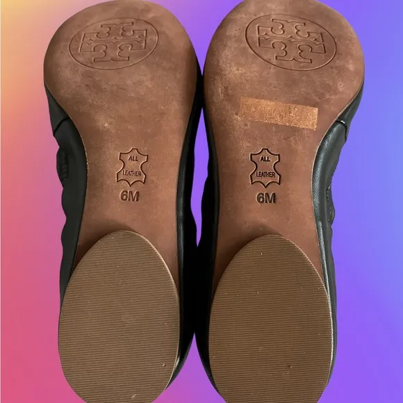 TORY BURCH BLACK FLOWER NEW BOX SHOES LEATHER LOGO BALLET FLATS 6