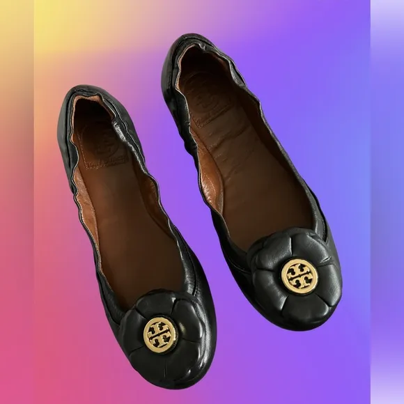 TORY BURCH BLACK FLOWER NEW BOX SHOES LEATHER LOGO BALLET FLATS 6