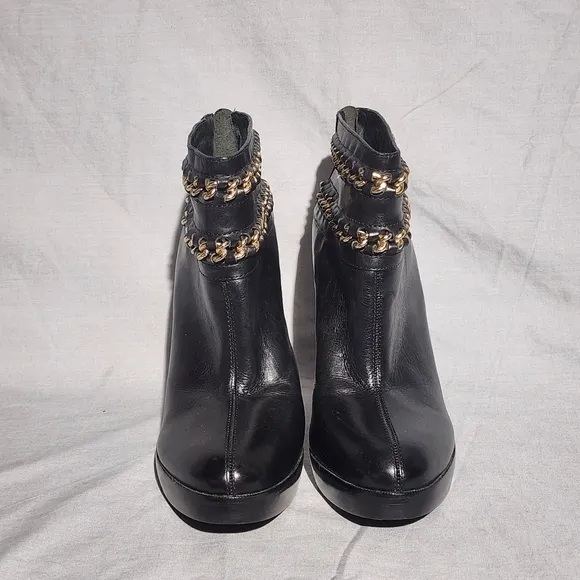 TORY BURCH Black Leather w/Gold Link Chains Stiletto Heeled Platform Ankle Boots