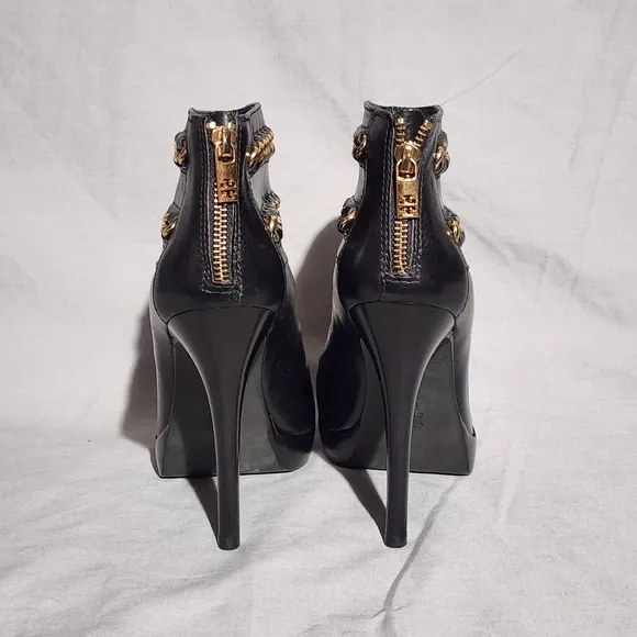 TORY BURCH Black Leather w/Gold Link Chains Stiletto Heeled Platform Ankle Boots