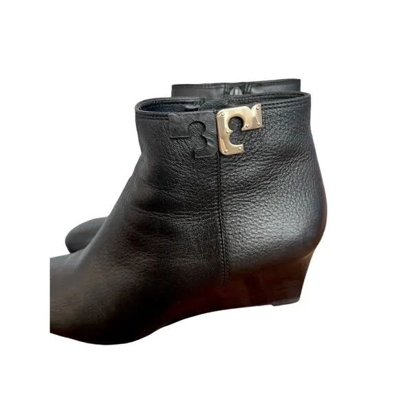 Tory Burch Brooke Black Ankle Wedge Woman Boots Size 9 EUC Pebbled Leather