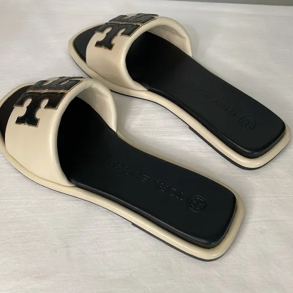 Tory Burch Double-T Cream &amp; Black Leather Sport Slide Sandal 9