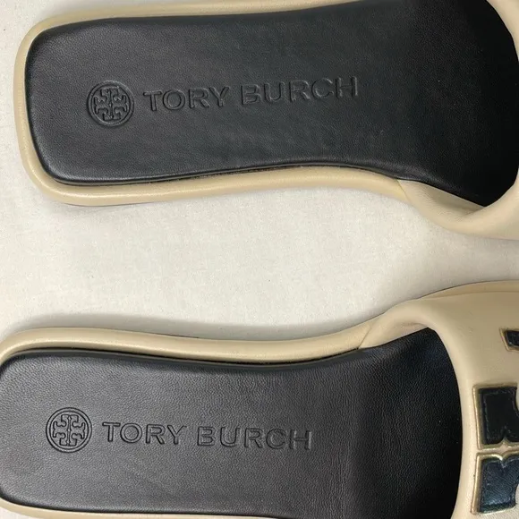 Tory Burch Double-T Cream &amp; Black Leather Sport Slide Sandal 9