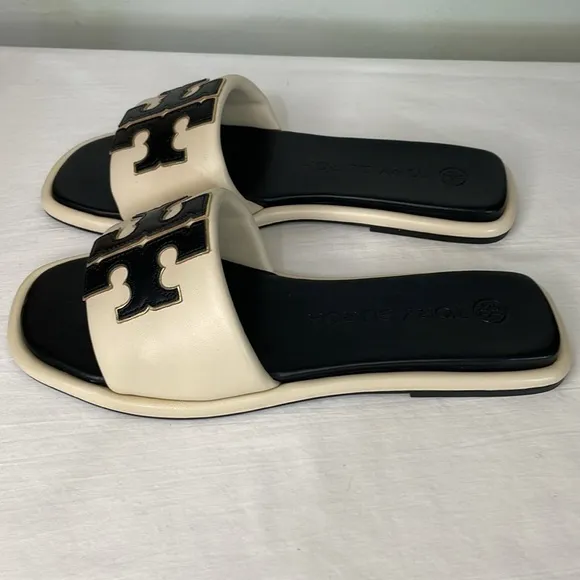 Tory Burch Double-T Cream &amp; Black Leather Sport Slide Sandal 9