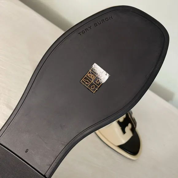 Tory Burch Double-T Cream &amp; Black Leather Sport Slide Sandal 9