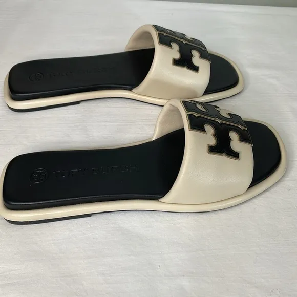 Tory Burch Double-T Cream &amp; Black Leather Sport Slide Sandal 9