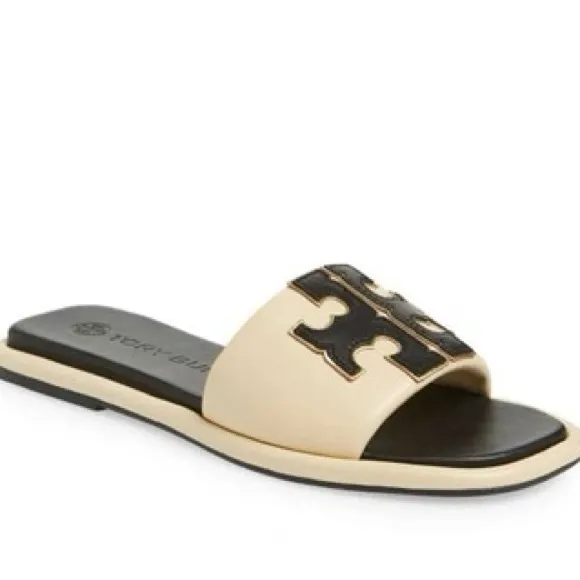 Tory Burch Double-T Cream &amp; Black Leather Sport Slide Sandal 9