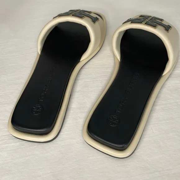 Tory Burch Double-T Cream &amp; Black Leather Sport Slide Sandal 9