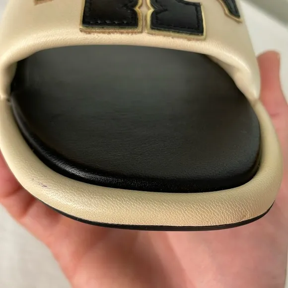 Tory Burch Double-T Cream &amp; Black Leather Sport Slide Sandal 9