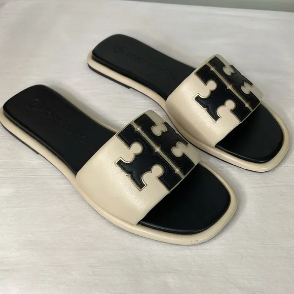 Tory Burch Double-T Cream &amp; Black Leather Sport Slide Sandal 9