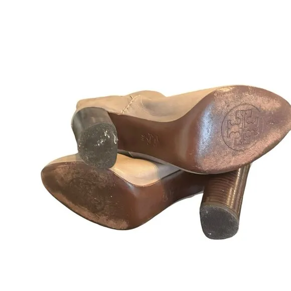 Tory Burch Gray Leather Slouch Ankle Boots High Heel Gold Hardware sz 9 a23