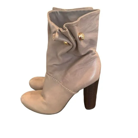 Tory Burch Gray Leather Slouch Ankle Boots High Heel Gold Hardware sz 9 a23
