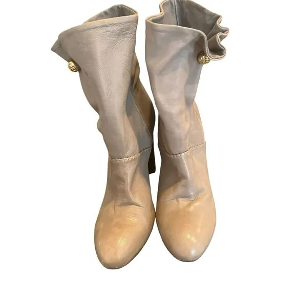 Tory Burch Gray Leather Slouch Ankle Boots High Heel Gold Hardware sz 9 a23