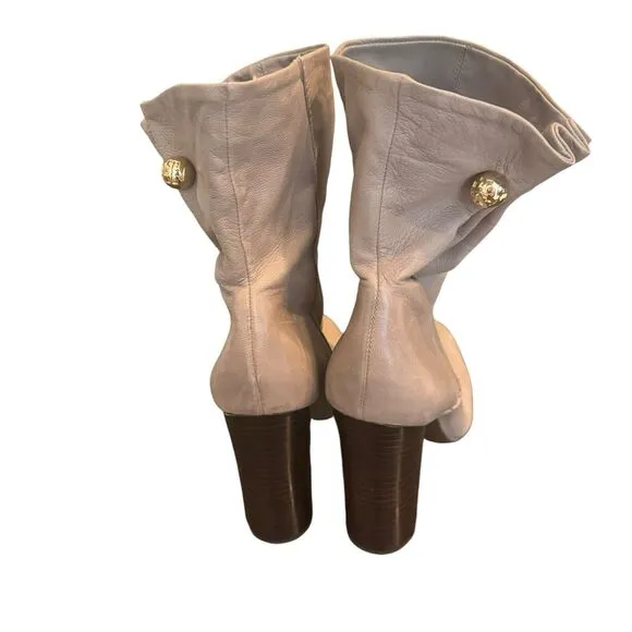 Tory Burch Gray Leather Slouch Ankle Boots High Heel Gold Hardware sz 9 a23