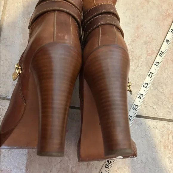 Tory Burch knee high double buckle boots leather dress shoes logo heels