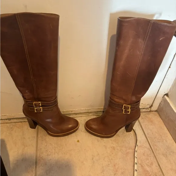Tory Burch knee high double buckle boots leather dress shoes logo heels