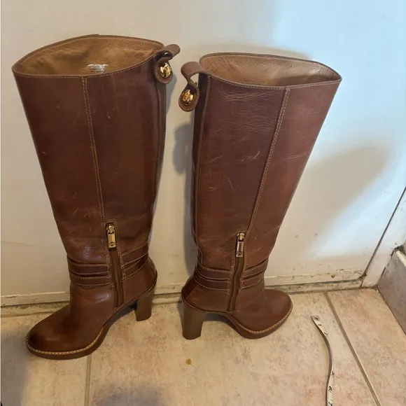 Tory Burch knee high double buckle boots leather dress shoes logo heels