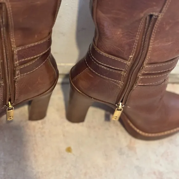 Tory Burch knee high double buckle boots leather dress shoes logo heels