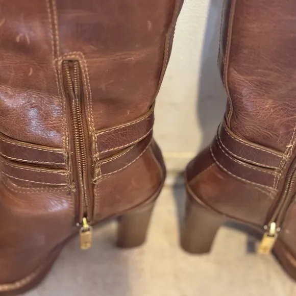 Tory Burch knee high double buckle boots leather dress shoes logo heels