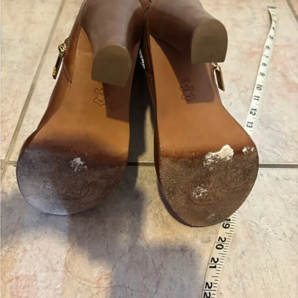 Tory Burch knee high double buckle boots leather dress shoes logo heels