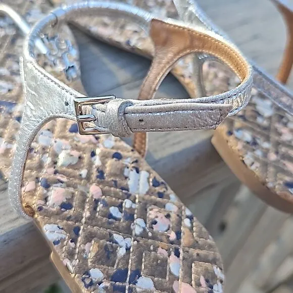 Tory Burch Marion Quilted Leather Metallic Silver Sandals size 6.5