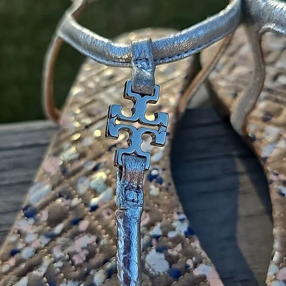 Tory Burch Marion Quilted Leather Metallic Silver Sandals size 6.5