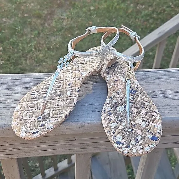 Tory Burch Marion Quilted Leather Metallic Silver Sandals size 6.5