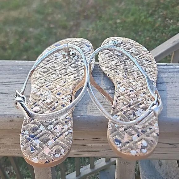 Tory Burch Marion Quilted Leather Metallic Silver Sandals size 6.5