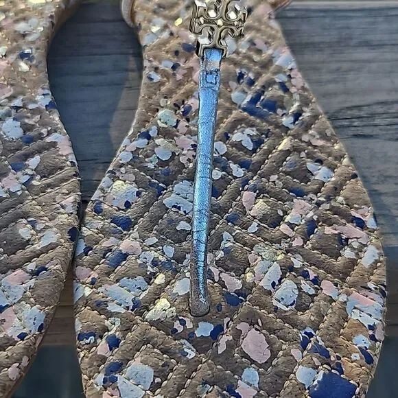 Tory Burch Marion Quilted Leather Metallic Silver Sandals size 6.5