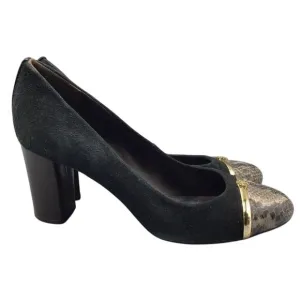 Tory Burch Pacey Shoes Womens Sz 8.5 Block Heels Black Leather Suede Snake Print