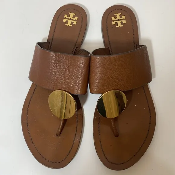 Tory Burch Platos Disk Brown Leather Sandals with Gold Size 11