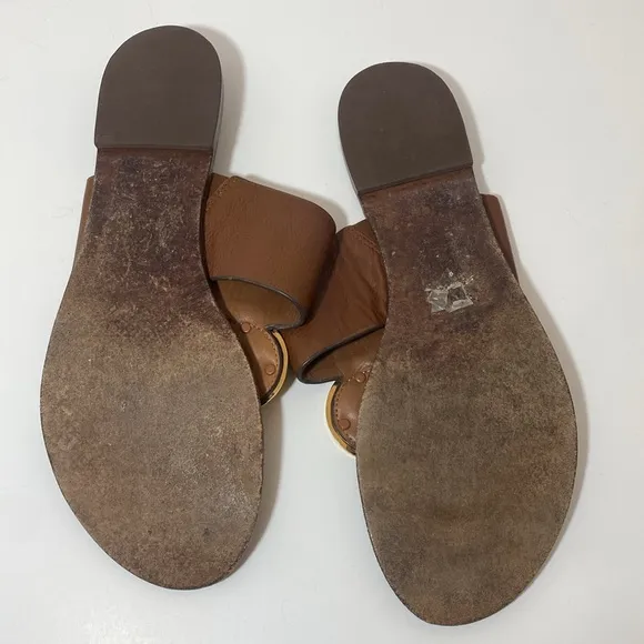 Tory Burch Platos Disk Brown Leather Sandals with Gold Size 11