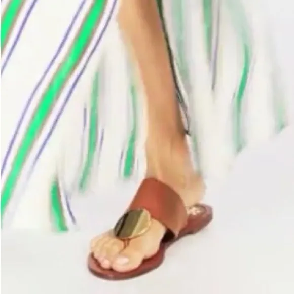 Tory Burch Platos Disk Brown Leather Sandals with Gold Size 11