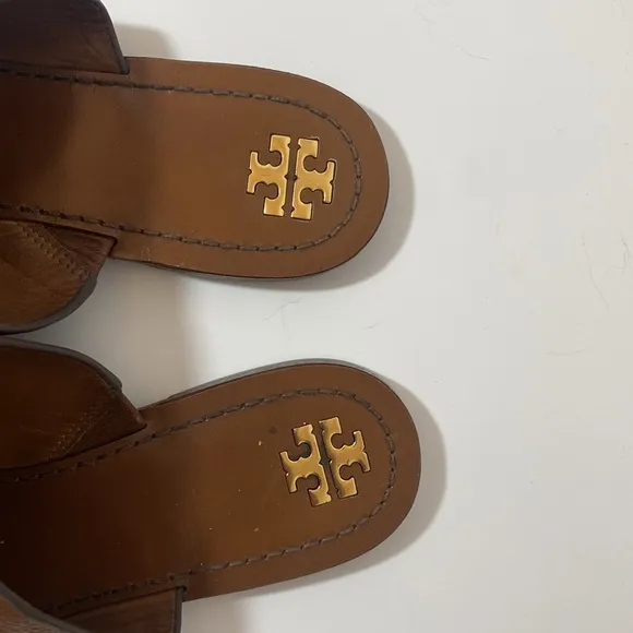 Tory Burch Platos Disk Brown Leather Sandals with Gold Size 11