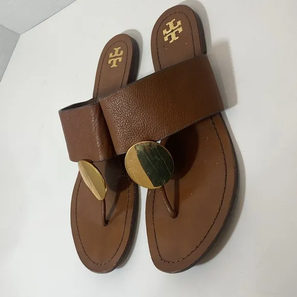 Tory Burch Platos Disk Brown Leather Sandals with Gold Size 11