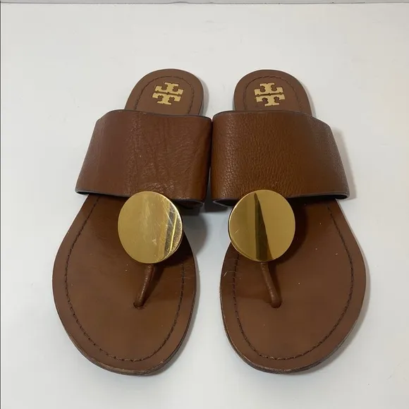 Tory Burch Platos Disk Brown Leather Sandals with Gold Size 11