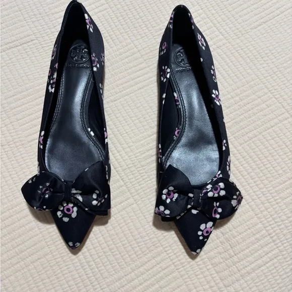 Tory Burch Rosalind Black Floral Print Satin Ballet Flats Size 5.5 M