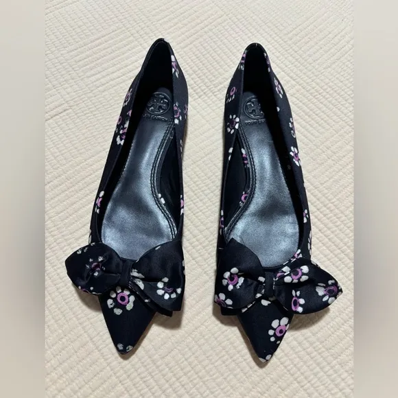 Tory Burch Rosalind Black Floral Print Satin Ballet Flats Size 5.5 M