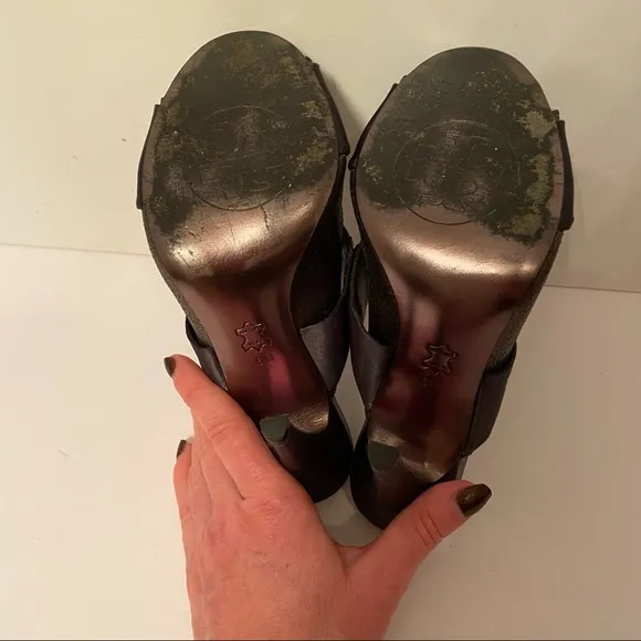 TORY BURCH SHOES HIGH HEELS SILVER LEATHER BLACK GEMS BUCKLE STRAP SIZE 6 M
