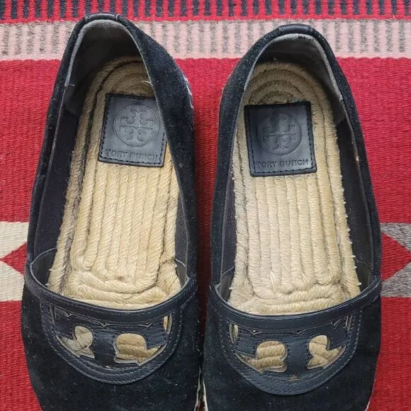 Tory Burch Sidney Espadrille Flats Shoes Sz 6 Perfect Black Suede Calf Leather