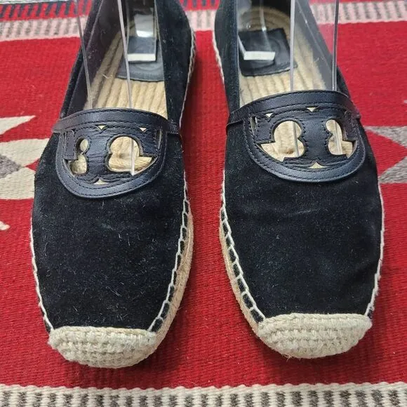 Tory Burch Sidney Espadrille Flats Shoes Sz 6 Perfect Black Suede Calf Leather