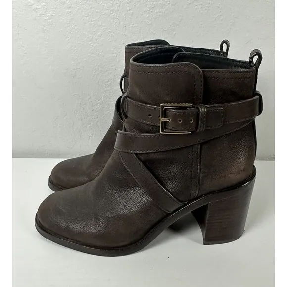 Tory Burch Women’s Size 9 Brown Leather Block Heeled Ankle Boots Booties Straps