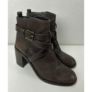 Tory Burch Women’s Size 9 Brown Leather Block Heeled Ankle Boots Booties Straps