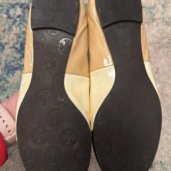 TORY BURCH Women's Beige &amp; brown patent leather ballet flats shoes MINNIE