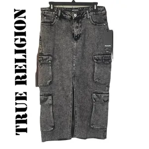TRUE RELIGION DENIM CARGO CHARCOAL BLACK STONE WASH SLIT MIDI SKIRT SIZE…