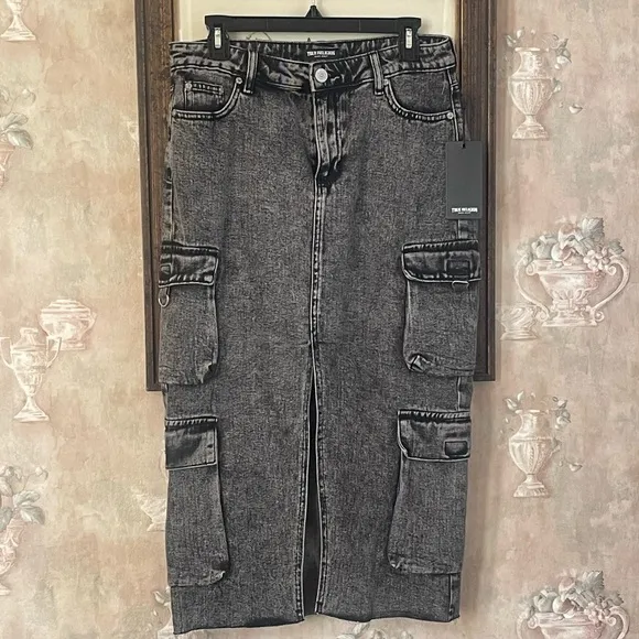 TRUE RELIGION DENIM CARGO CHARCOAL BLACK STONE WASH SLIT MIDI SKIRT SIZE…