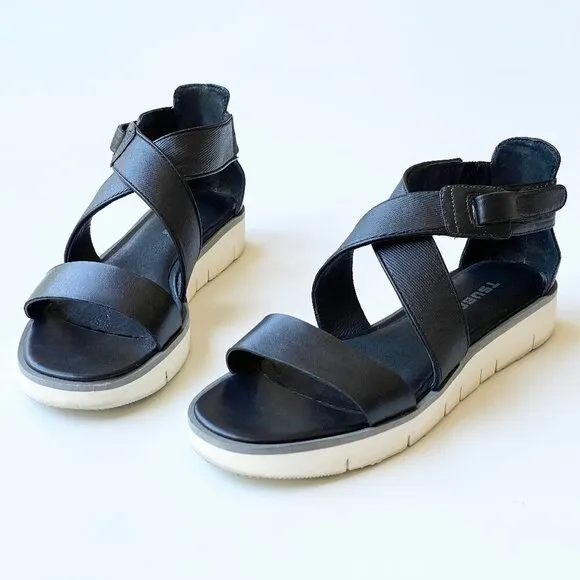 Tsubo Women's Eliah Black Strappy Leather Sandals Size 7.5 Low White Wedge Sport