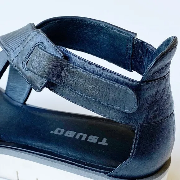 Tsubo Women's Eliah Black Strappy Leather Sandals Size 7.5 Low White Wedge Sport
