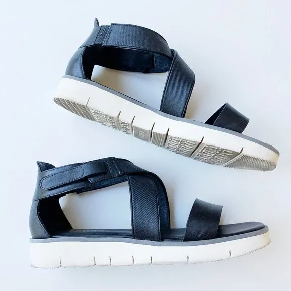 Tsubo Women's Eliah Black Strappy Leather Sandals Size 7.5 Low White Wedge Sport