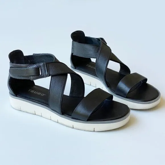 Tsubo Women's Eliah Black Strappy Leather Sandals Size 7.5 Low White Wedge Sport